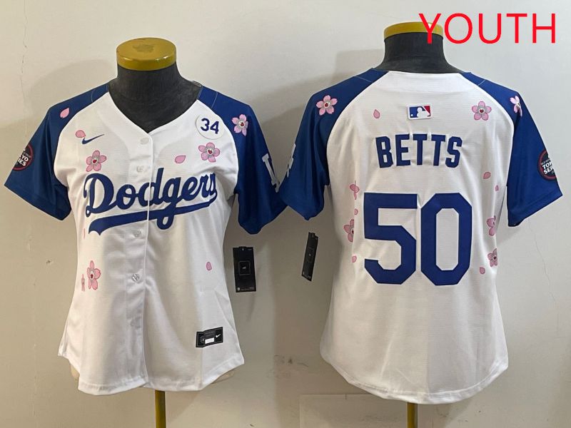 Youth Los Angeles Dodgers #50 Betts White Blue Sakura Edition 2025 Nike MLB Jersey style 4->youth mlb jersey->Youth Jersey